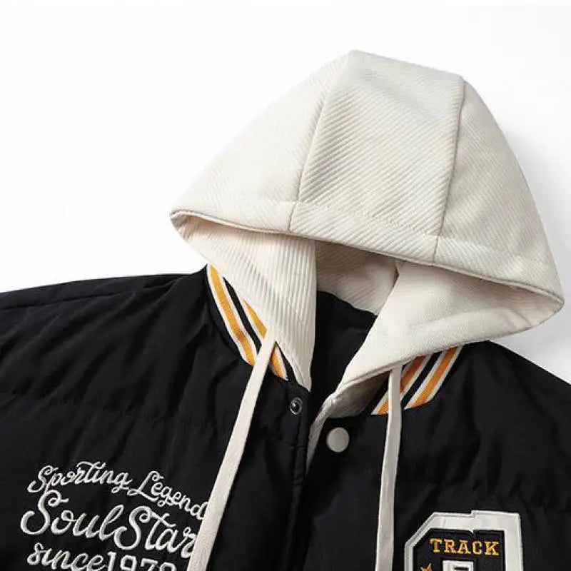 Winterwarm Met Katoen Gewatteerd Varsity-jack Verdikt American Street-katoenen Jack Met Capuchon Heren - Zwart