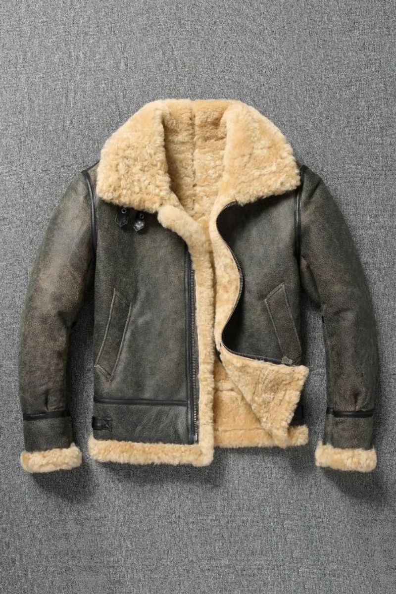 Winterwarme Dikke Wollen Leren Jas Heren Echt Bont Natuurlijke Shearling Uitloper.