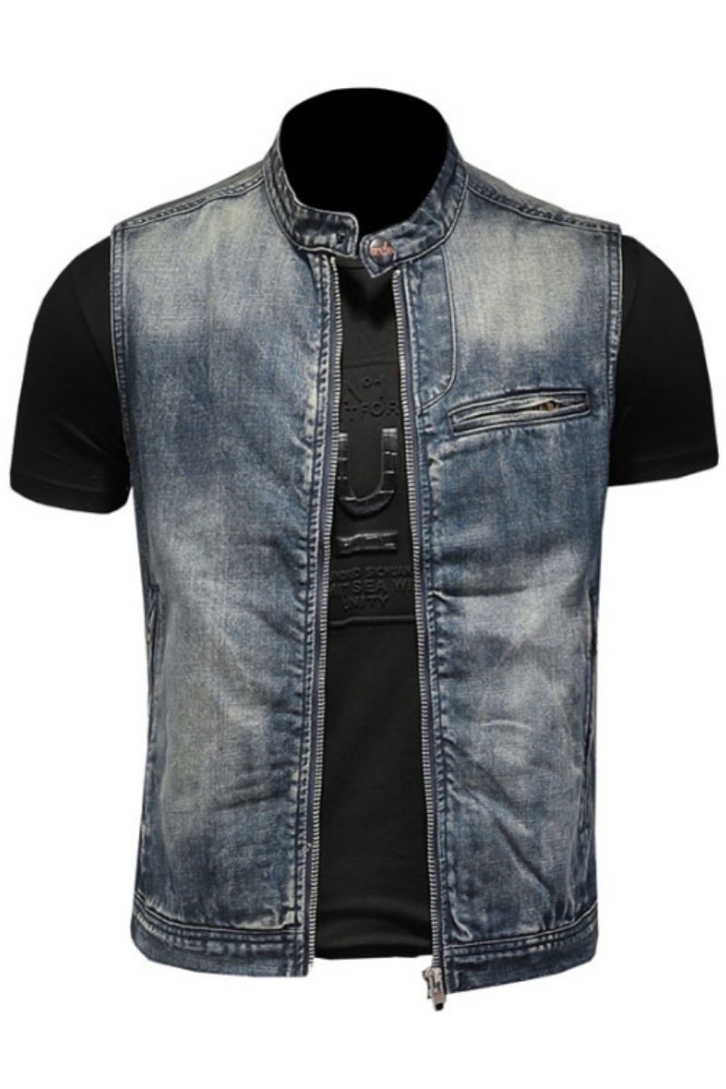 Zomer Retro Spijkerjasje Heren Denim Vest Jassen Blauw Slanke Opstaande Kraag Rits Mouwloos Motorfiets Cowboy