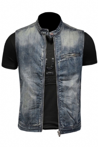 Zomer Retro Spijkerjasje Heren Denim Vest Jassen Blauw Slanke Opstaande Kraag Rits Mouwloos Motorfiets Cowboy