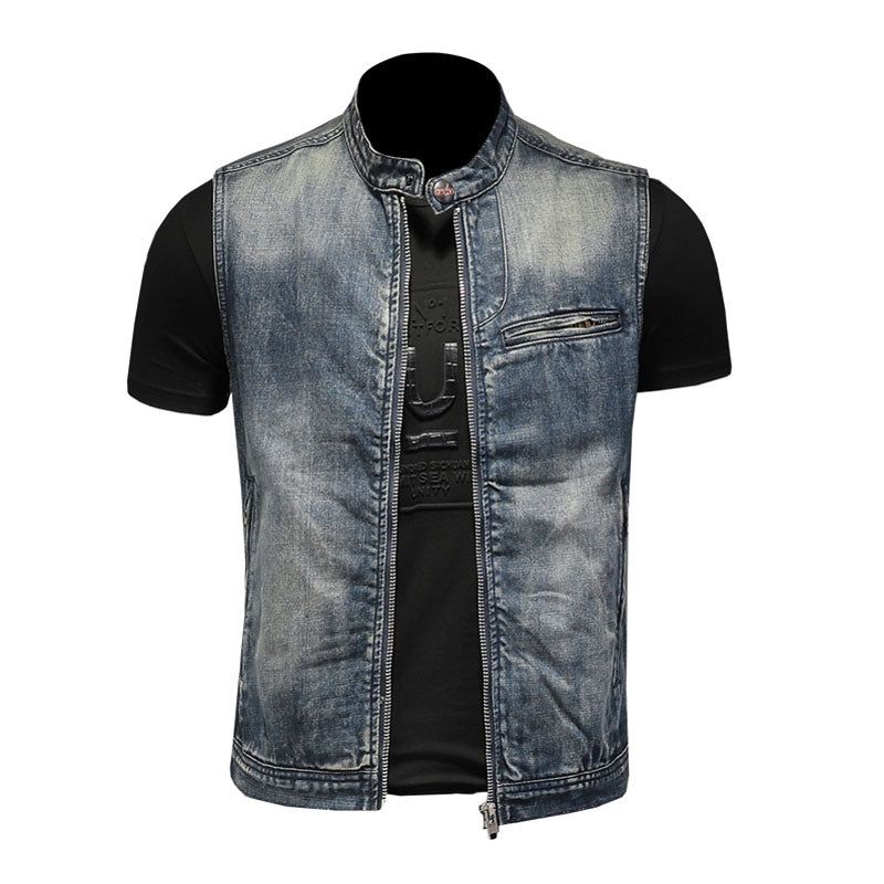 Zomer Retro Spijkerjasje Heren Denim Vest Jassen Blauw Slanke Opstaande Kraag Rits Mouwloos Motorfiets Cowboy - Blauw