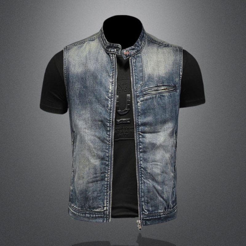 Zomer Retro Spijkerjasje Heren Denim Vest Jassen Blauw Slanke Opstaande Kraag Rits Mouwloos Motorfiets Cowboy - Blauw