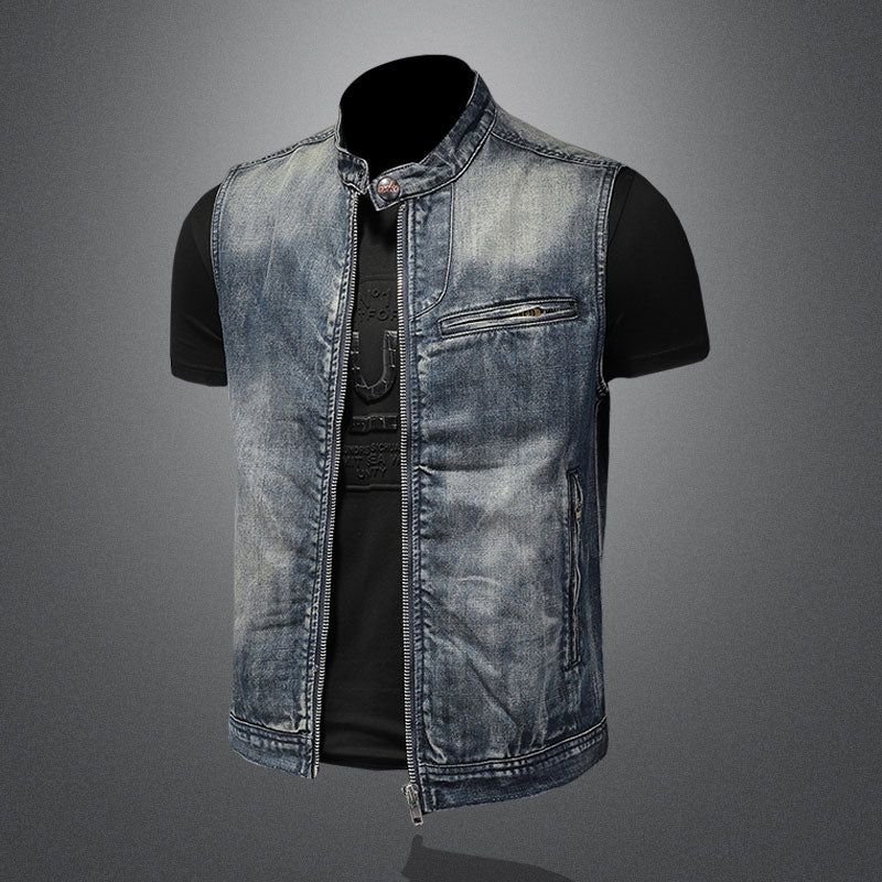 Zomer Retro Spijkerjasje Heren Denim Vest Jassen Blauw Slanke Opstaande Kraag Rits Mouwloos Motorfiets Cowboy - Blauw