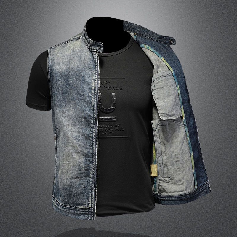 Zomer Retro Spijkerjasje Heren Denim Vest Jassen Blauw Slanke Opstaande Kraag Rits Mouwloos Motorfiets Cowboy - Blauw