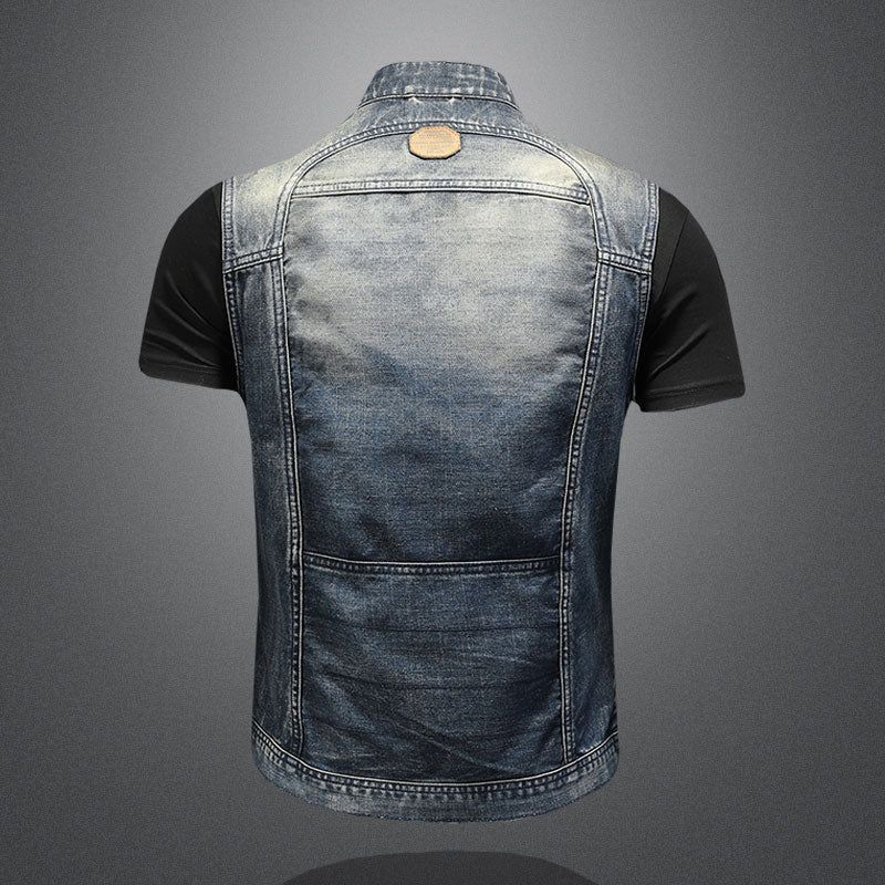 Zomer Retro Spijkerjasje Heren Denim Vest Jassen Blauw Slanke Opstaande Kraag Rits Mouwloos Motorfiets Cowboy - Blauw