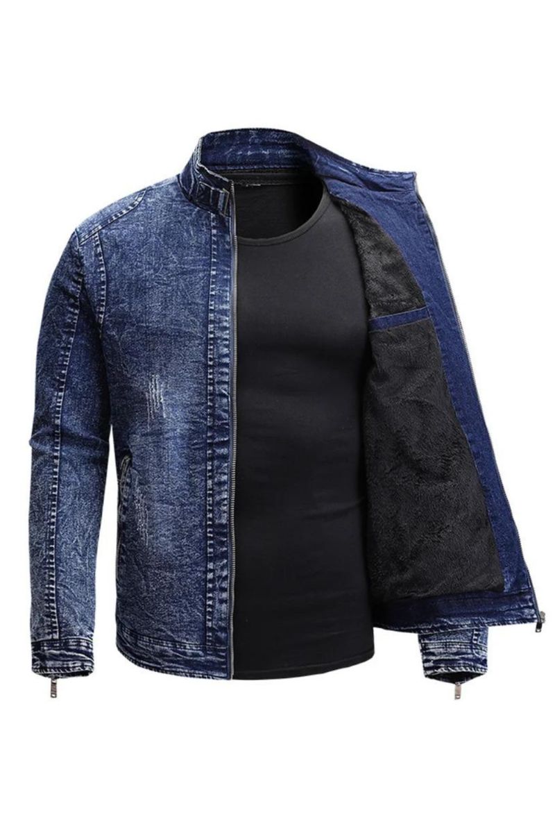 Zwart Denim Jasje Heren Herfst Winter Fleece Jassen Slim Fit Casual Motorfiets Biker Jas Mannelijke Bovenkleding