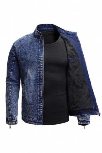 Zwart Denim Jasje Heren Herfst Winter Fleece Jassen Slim Fit Casual Motorfiets Biker Jas Mannelijke Bovenkleding