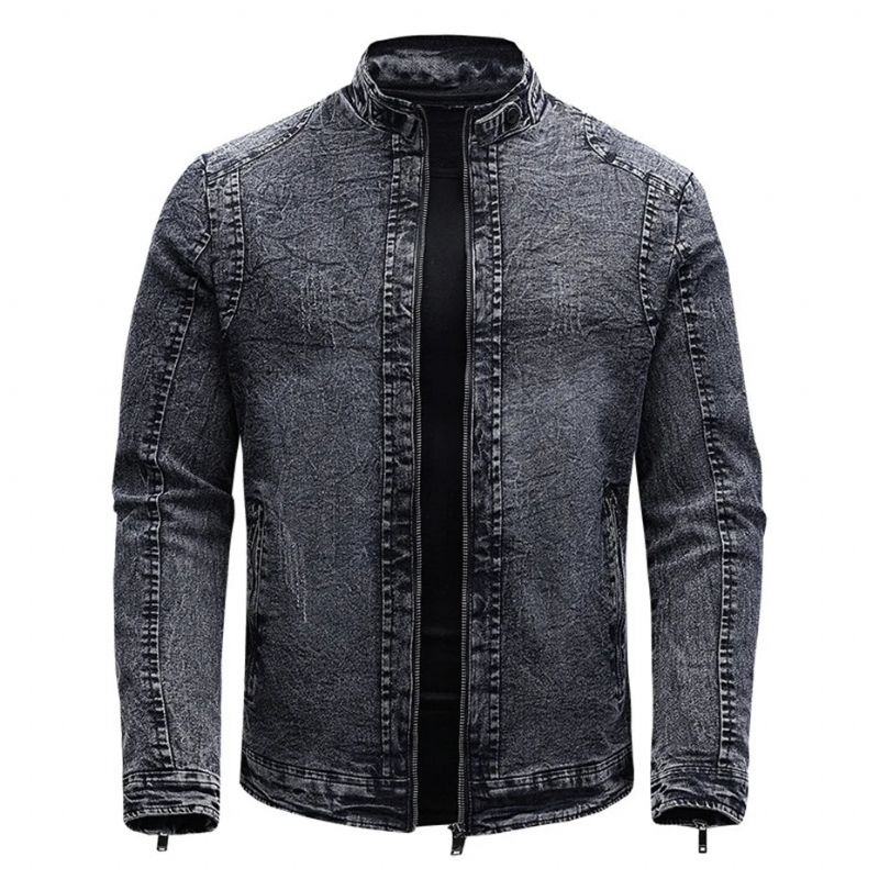 Zwart Denim Jasje Heren Herfst Winter Fleece Jassen Slim Fit Casual Motorfiets Biker Jas Mannelijke Bovenkleding - Zwart