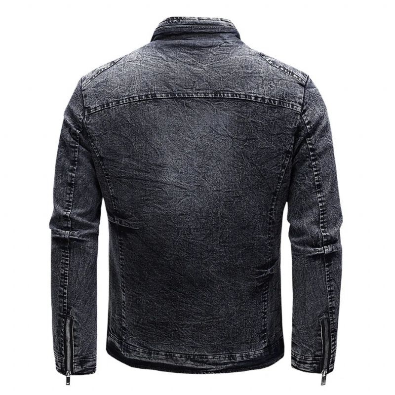 Zwart Denim Jasje Heren Herfst Winter Fleece Jassen Slim Fit Casual Motorfiets Biker Jas Mannelijke Bovenkleding - Zwart