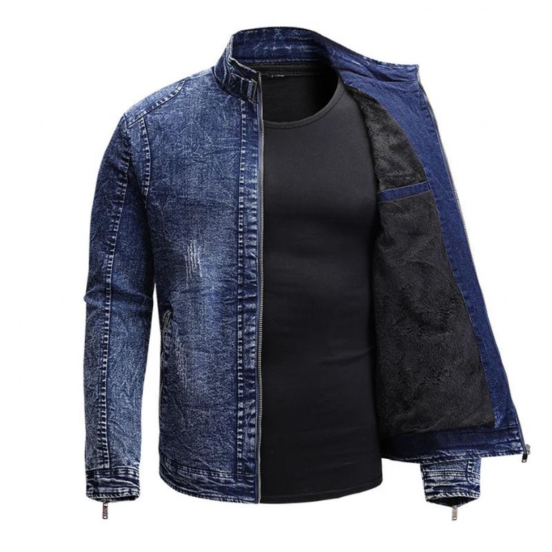 Zwart Denim Jasje Heren Herfst Winter Fleece Jassen Slim Fit Casual Motorfiets Biker Jas Mannelijke Bovenkleding - Zwart