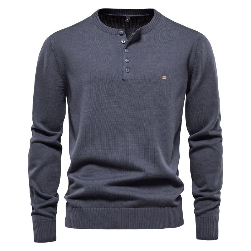 Henley Kraag Mannen Truien 100% Katoen Effen Kleur Casual Nieuwe Herfst Dunne Hoge Kwaliteit Voor - Blauw