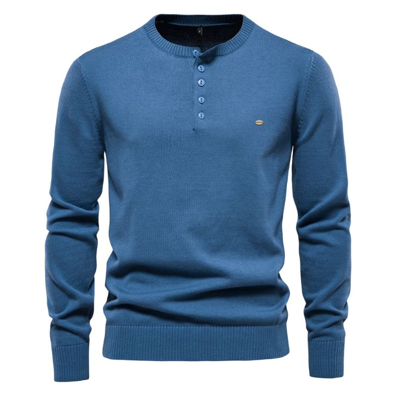 Henley Kraag Mannen Truien 100% Katoen Effen Kleur Casual Nieuwe Herfst Dunne Hoge Kwaliteit Voor - Blauw