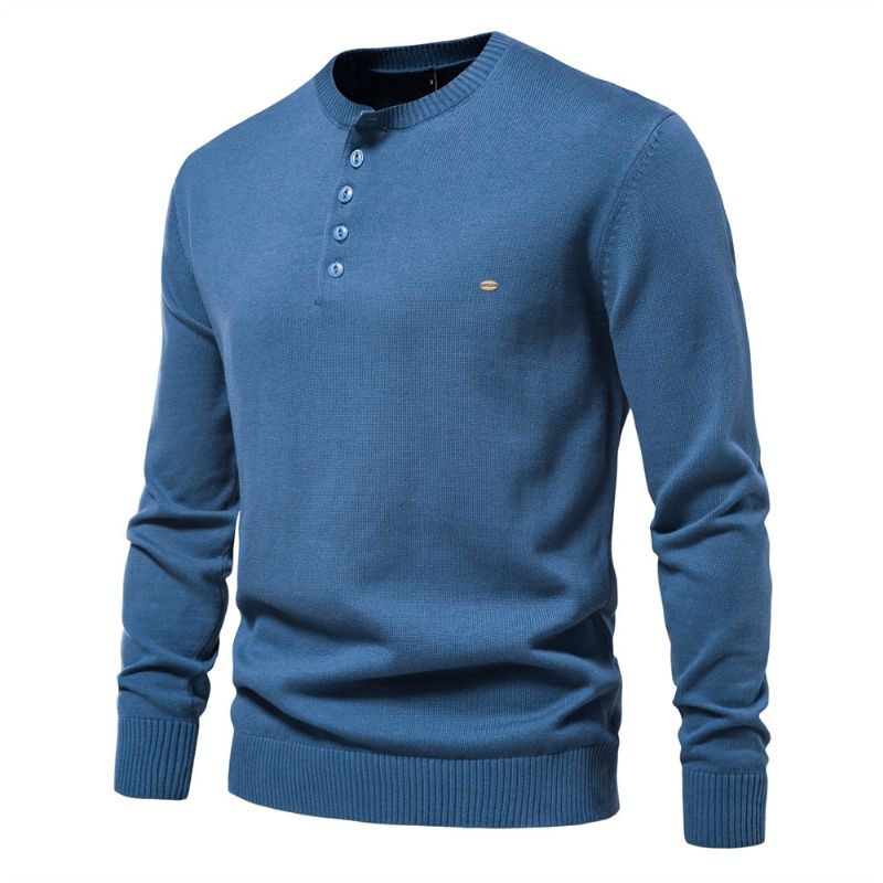 Henley Kraag Mannen Truien 100% Katoen Effen Kleur Casual Nieuwe Herfst Dunne Hoge Kwaliteit Voor - Blauw