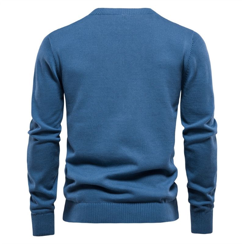 Henley Kraag Mannen Truien 100% Katoen Effen Kleur Casual Nieuwe Herfst Dunne Hoge Kwaliteit Voor - Blauw