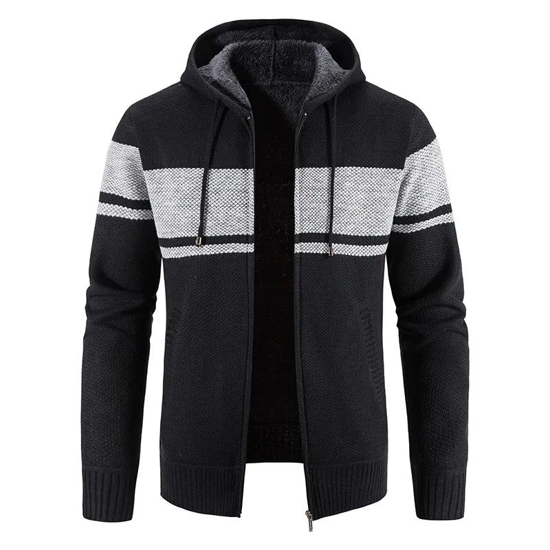 Heren Gebreide Trui Jassen Herfst En Winter Gestreepte Fleece Met Capuchon Dikker Warm Houden Vest - Zwart