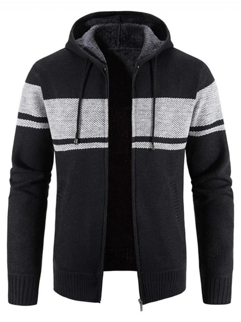 Heren Gebreide Trui Jassen Herfst En Winter Gestreepte Fleece Met Capuchon Dikker Warm Houden Vest - Zwart