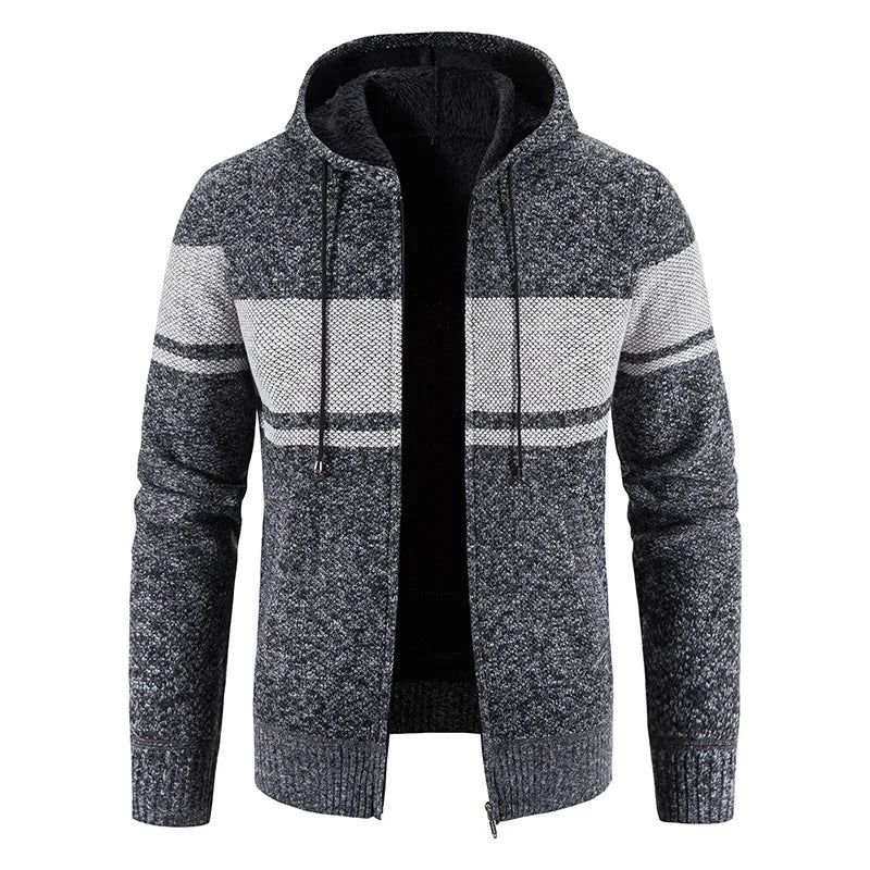 Heren Gebreide Trui Jassen Herfst En Winter Gestreepte Fleece Met Capuchon Dikker Warm Houden Vest - Zwart