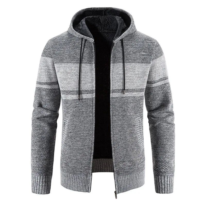 Heren Gebreide Trui Jassen Herfst En Winter Gestreepte Fleece Met Capuchon Dikker Warm Houden Vest - Zwart