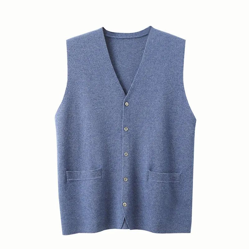 Heren Pure Kasjmier Vest Herfst Winter V-hals Jonge Gebreide Top High-end Jas Casual Mouwloze Trui - Blauw