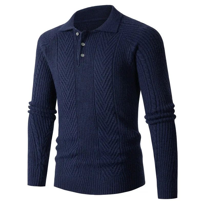 Heren Slim Base Shirt Revers Trui Knitwear Jacquard Herfst- En Wintersweaterjas Verdikte - Marineblauw