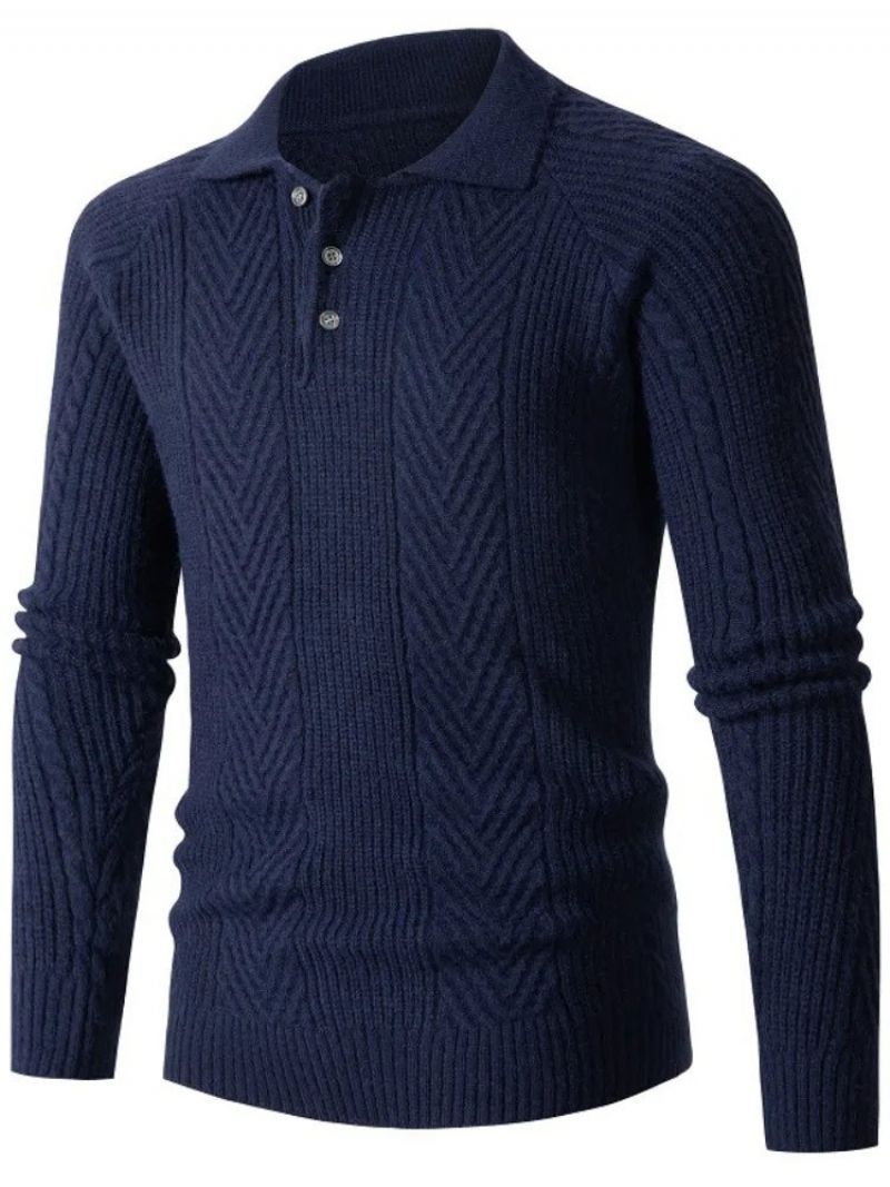 Heren Slim Base Shirt Revers Trui Knitwear Jacquard Herfst- En Wintersweaterjas Verdikte - Marineblauw