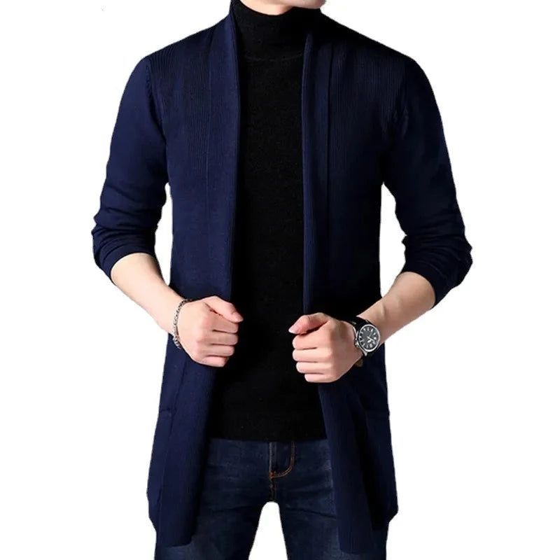 Herfst Gebreide Trui Jas Heren Slanke Lange Effen Casual Vest Jassen - Zwart