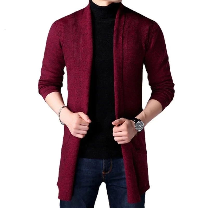 Herfst Gebreide Trui Jas Heren Slanke Lange Effen Casual Vest Jassen - Zwart