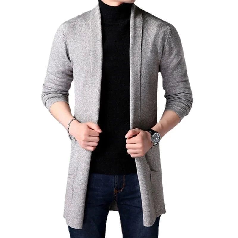 Herfst Gebreide Trui Jas Heren Slanke Lange Effen Casual Vest Jassen - Zwart