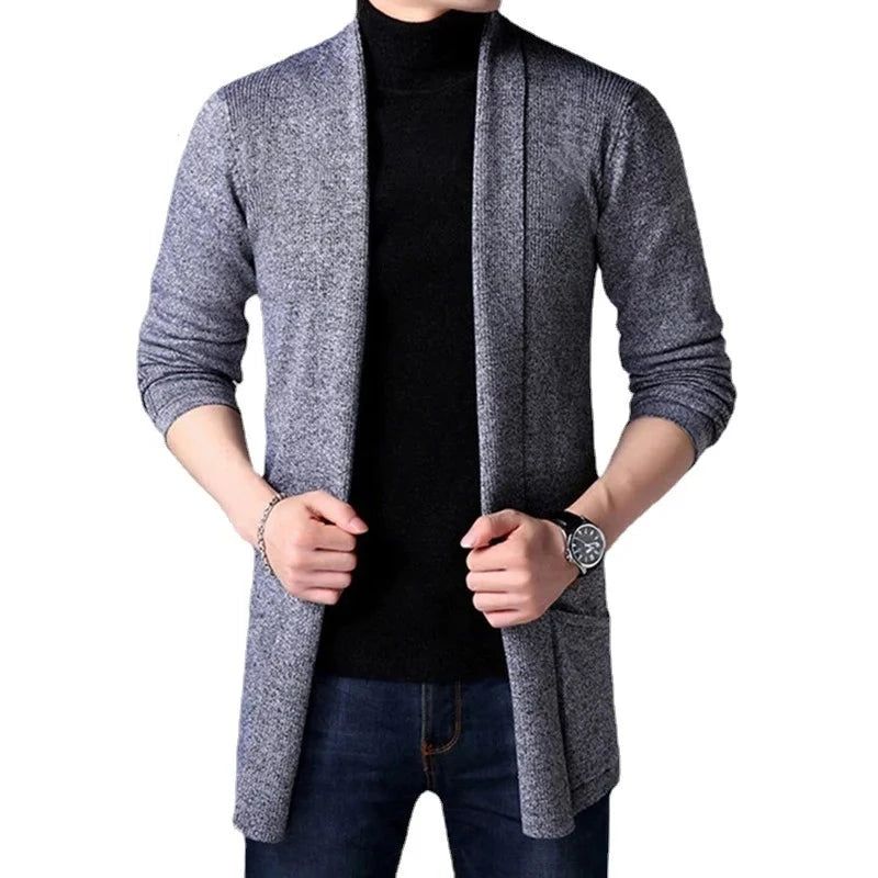 Herfst Gebreide Trui Jas Heren Slanke Lange Effen Casual Vest Jassen - Zwart