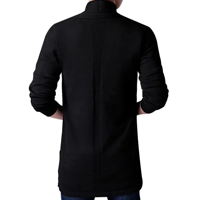 Herfst Gebreide Trui Jas Heren Slanke Lange Effen Casual Vest Jassen - Zwart