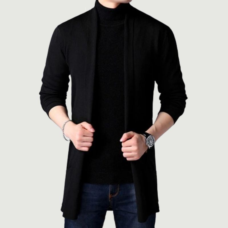 Herfst Gebreide Trui Jas Heren Slanke Lange Effen Casual Vest Jassen - Zwart