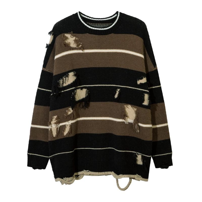 Herfst Streetwear Uitgeholde Gestreepte Gebreide Trui Pullover Oversized Losse Top - Matchagroen