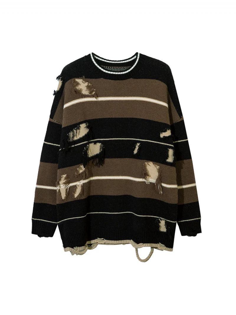 Herfst Streetwear Uitgeholde Gestreepte Gebreide Trui Pullover Oversized Losse Top - Matchagroen