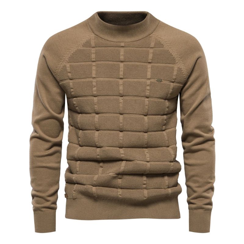 Herfst En Winter Katoenen Truien Met Middenkraag Voor Heren Casual Sociale Geruite Gebreide Trui - Beige