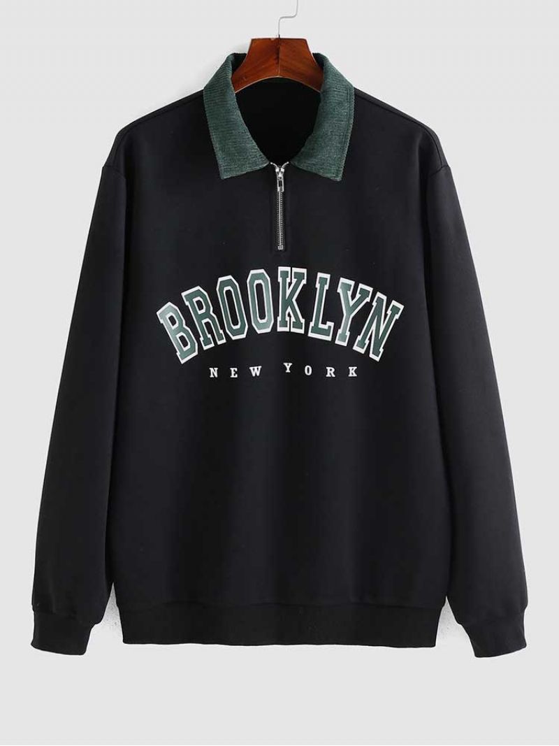 Hoodies Voor Heren Letterprint Corduroy Sweatshirt Met Halve Rits Casual Turn-down Kraag Pullover Herfst Winter Sweats Hoodie - Zwart