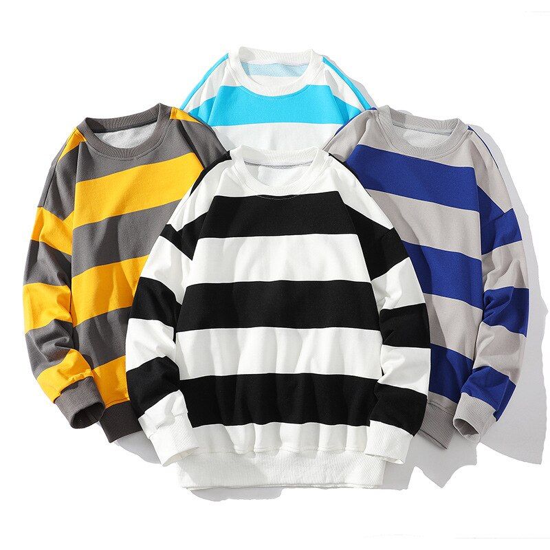 Lente Herfst Mannen Gestreept Sweatshirt Amerika Stijl Vintage Lange Mouw Casual Losse Truien Unisex School Streetwear Chic Tops - Zwart