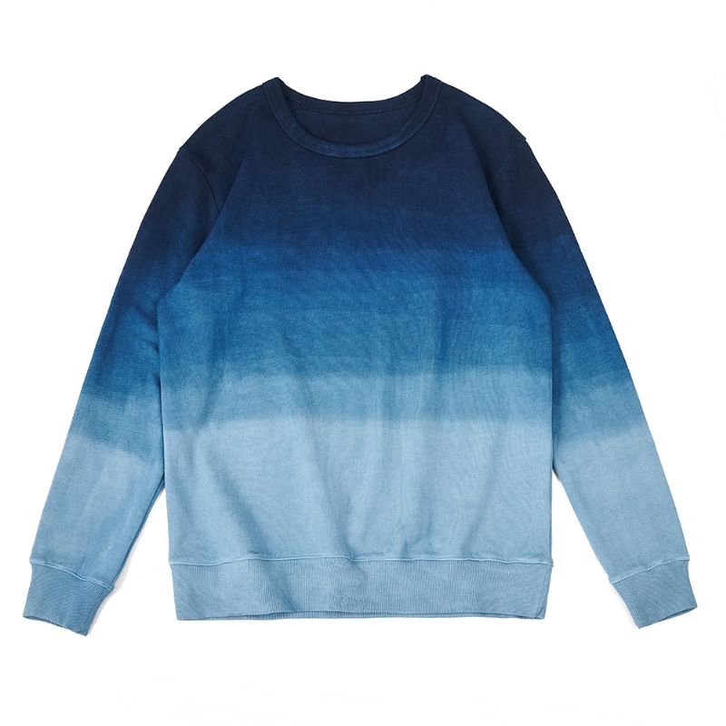 Vintage Gekamd Katoen Indigo Sweatshirt Heren Lente Herfst Gradiënt Hoodie Zonder Capuchon Trui Tops - Gradiënt Blauw