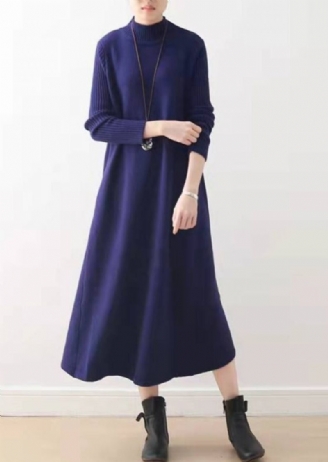 2024 Winter Blauwe Lange Maxi-jurken Plus Size Katoenen Winterjurken Warme Wollen Jurk