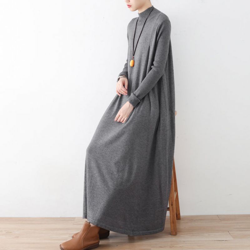 2024 Winter Grijze Gebreide Maxi-jurken Elegante Warme Wollen Jurken Kaftans Jurk - Dames wollen jassen