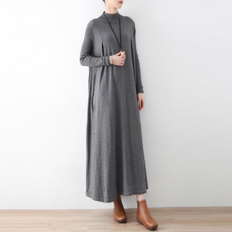 2024 Winter Grijze Gebreide Maxi-jurken Elegante Warme Wollen Jurken Kaftans Jurk - Dames wollen jassen