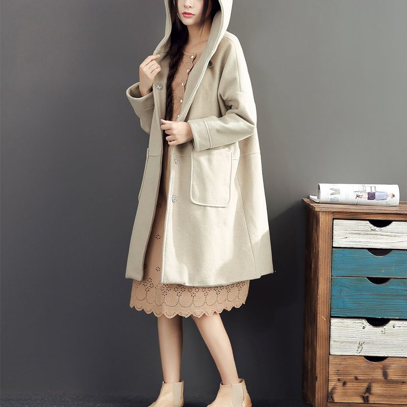 2024 Winter Lichtgele Wollen Jassen Plus Size Elegante Trenchcoat Met Capuchon - Lichtgeel