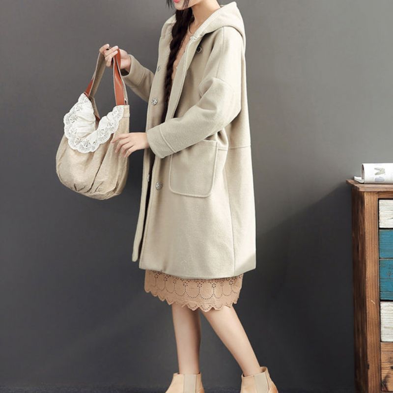 2024 Winter Lichtgele Wollen Jassen Plus Size Elegante Trenchcoat Met Capuchon - Lichtgeel