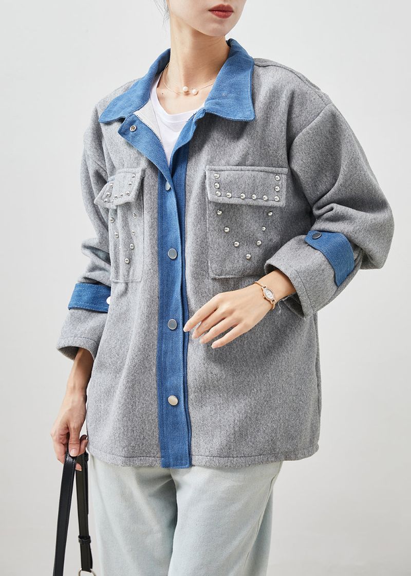 Art Grey Oversized Patchwork Wollen Jas Met Klinknagels Lente