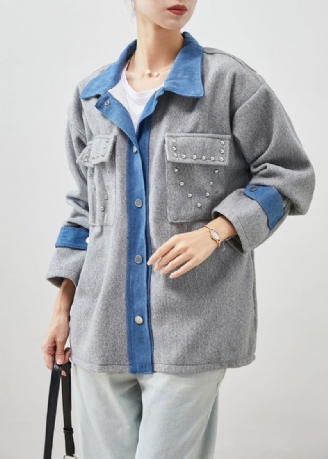 Art Grey Oversized Patchwork Wollen Jas Met Klinknagels Lente