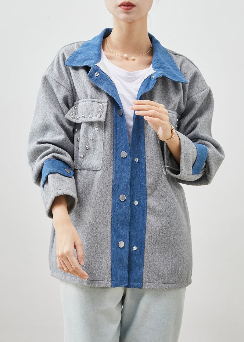 Art Grey Oversized Patchwork Wollen Jas Met Klinknagels Lente - Dames wollen jassen