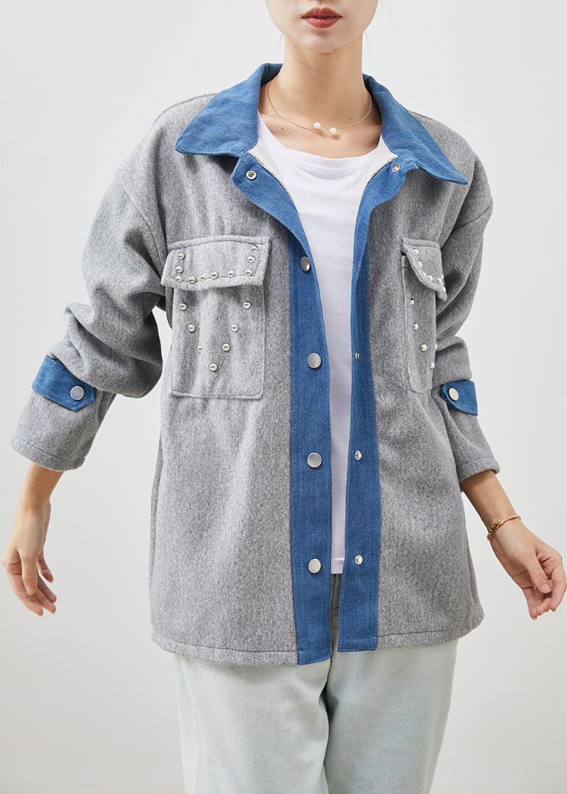 Art Grey Oversized Patchwork Wollen Jas Met Klinknagels Lente - Dames wollen jassen