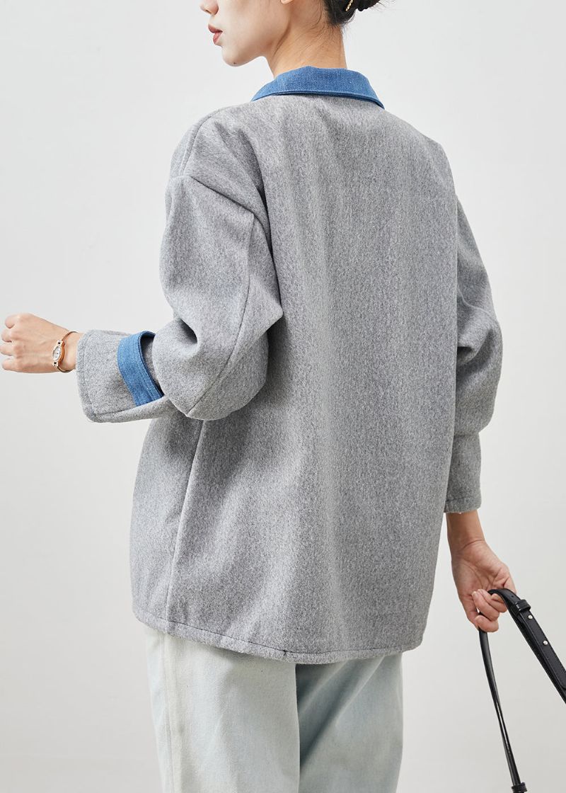 Art Grey Oversized Patchwork Wollen Jas Met Klinknagels Lente - Dames wollen jassen