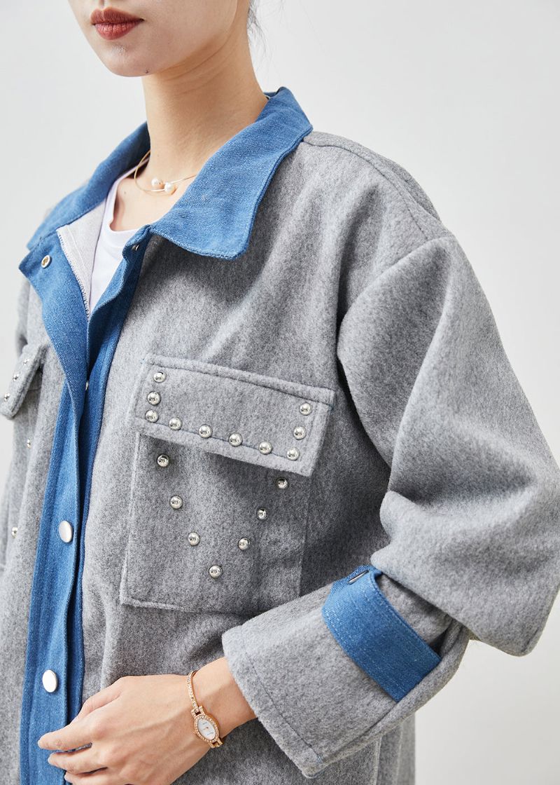 Art Grey Oversized Patchwork Wollen Jas Met Klinknagels Lente - Dames wollen jassen