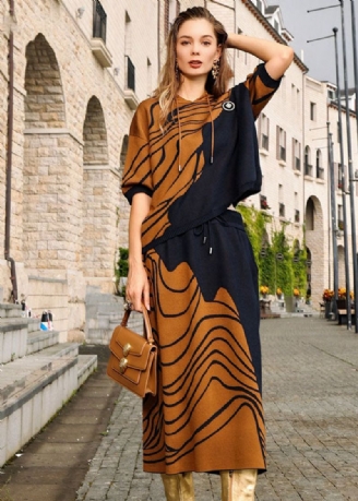 Art Oranje Print Wollen Gebreide Top Met Capuchon En Rokken Tweedelige Set Herfst