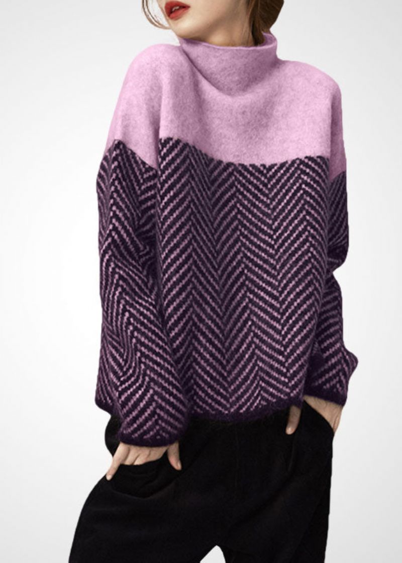 Art Purple Hoge Hals Oversized Patchwork Wollen Korte Trui Winter